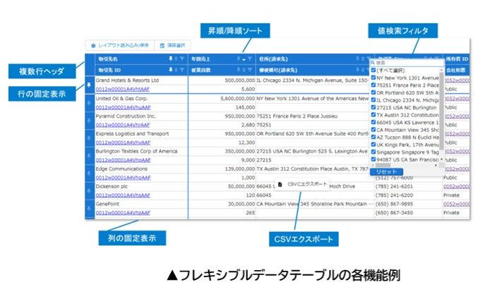 フレキシブルデータテーブルの各機能例