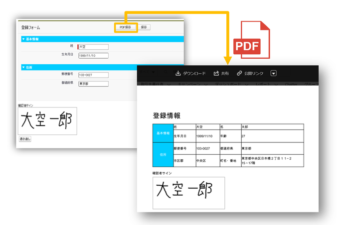 PDF保存ボタンによるPDFページのレコード添付